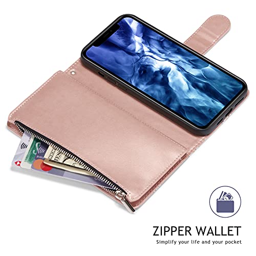 UEEBAI Wallet Case for iPhone 13 6.1 inch, Premium Vintage PU Leather Magnetic Closure Handbag Zipper Pocket Case Kickstand Card Holder Slots with Wrist Strap TPU Shockproof Flip Case - Rose Gold# by UEEBAI - Image 4