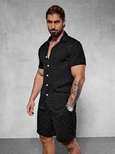 Image of GRECIILOOKS Men'S Summer Casual Two Piece Outfit, Textured Button Down Shirt and Shorts Set, Lightweight Poly Blend Co-Ord for Beach, Travel & Lounge Wear