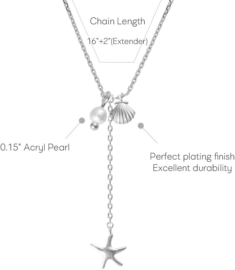 MUSTHAVE 18K Gold Plated Y-Shaped Triple Pendants Necklace, White Gold Color, Starfish, Seashell, Pearl, Y Necklace, Multi Charm, Anchor Chain, Size 16 inch + 2 inch Extender (White Gold) - Image 2