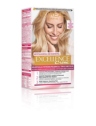 L'Oréal Paris Colore Permanente per Capelli, 100% Copertura Capelli Grigi, Set di Tintura con Colorazione, Shampoo e Crema per la Cura a 3 Strati, Eccellente 9 Biondo
