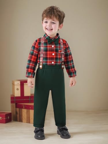 Image of Boarnseorl Baby Boys Pants Sets, Infant Long Sleeve Shirt + Pants + Bow Tie + Suspenders Outfits