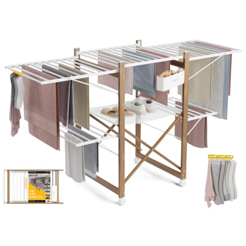 Newlux - Tendedero Plegable con Alas 30m XXL Wood V35, 3 Niveles (176x61x104cm). Tenderete de Ropa Plegable con Ruedas, Accesorio para Ropa Delicada y Pinzas, Ganchos Laterales, Blanco