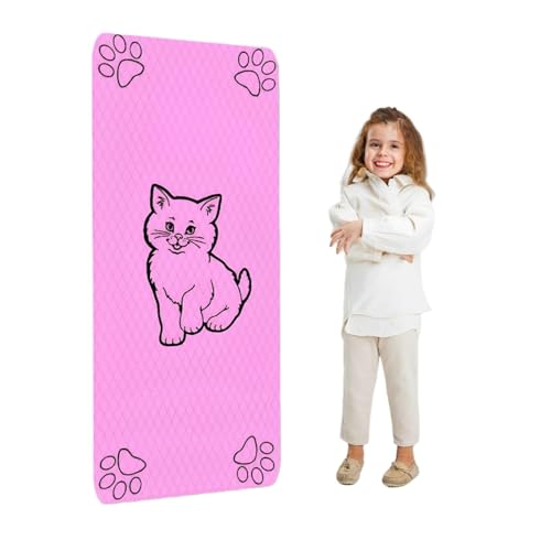 Kids Yoga Mat, Cat Design, 2 x 4 ft, Pink, with Carrying Strap