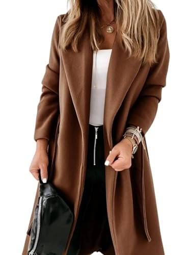 Cicy Bell Damen Klassischer Blazer mit gekerbtem Revers, offener Front, Gürtel, langärmelig, coffee, XL