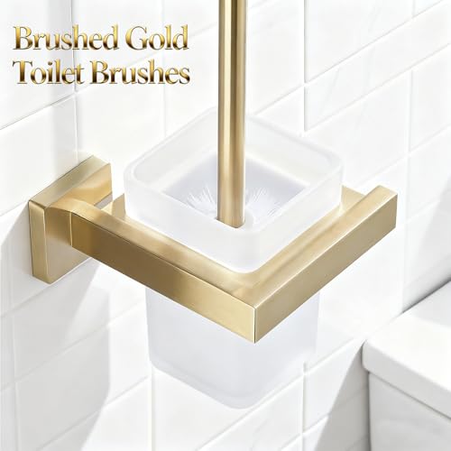 Image of Brushed Gold Toilet Brush and Holder Set, NEWRAIN Wall Mounted Toilet Bowl Brush with Long Handle, Stainless Steel Toilet Brushes for Bathroom-Space Saving