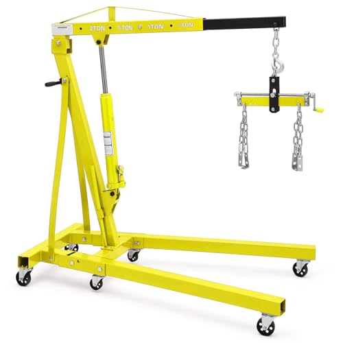2 Ton Engine Hoist Cherry Picker, Folding Engine Hoist with Lever Heavy Duty 4400lbs Hydraulic Tilting Engine Shop Crane with 6 Steel Caster Wheels Telescopic Boom Hitch,Yellow