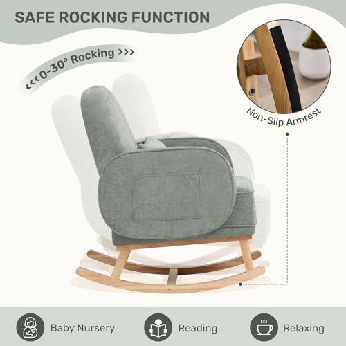 Image of HCHAIRH Rocking Chair with Ottoman, Upholstered Glider Rocker with footrest and Side Pocket, Comfy Chenille Reading Chair with Solid Wood Legs for Nursery, Living Room,Bedroom Pale Green