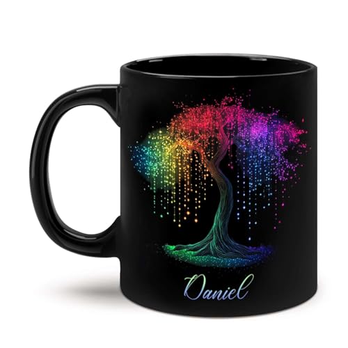 LASNECK Unique Weeping Willow Design Custom Tree Ceramic Mug, Personalized Name Rainbow Sparkling 11oz, Customized Nature Lovers Black Mug, Adorable Rainbow Coffee Cup