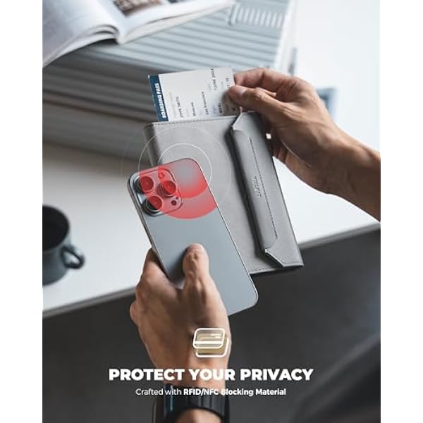 VULKIT Тонкий футляр для паспорта, защита RFID/NFC, магнитная застежка, 4 отделения для карт, 2 отделения для паспорта, держатель для посадочного талона, держатель для ручки и окошко для удостоверения личности, серый