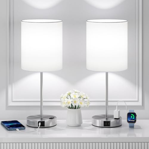 17.6" Silver Touch Lamps for Bedroom Set of 2, Dimmable, USB C+A, AC Outlet by Fenmzee - Used condition - Image 8
