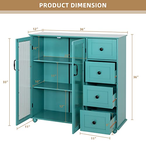 Scurrty Coffee Bar Cabinet Buffet Sideboard Table With Storage, Glass Display Cabinet, 4 Drawers & 2 Doors Kitchen Cupboard, Storage Organizer For Dining Room, Living Room, Entryway, Etc (Green) #TOP2