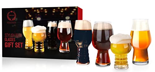 Chouggo Craft Beer Glasses Gift Set - 4 Stylish Unique Shapes - Premium Crystal Hand Blown IPA Beer Glasses, Ideal Gifts for Lager, Ale or Craft Beer Lovers