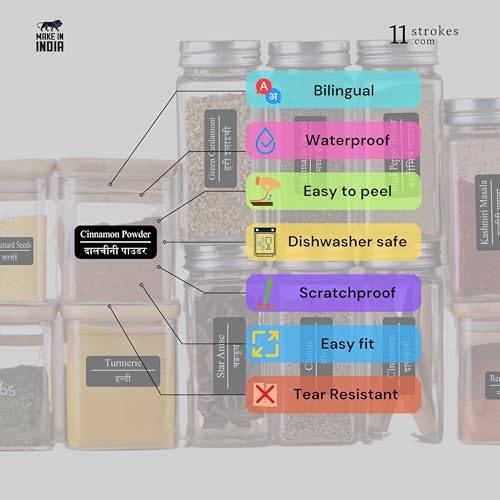Image of 11 Strokes Pack Of 260 Pcs Printed Kitchen Stickers For Jars -Waterproof,Pre-Printed Stickers For Kitchen Containers-Labels For Kitchen Containers,260 Labels