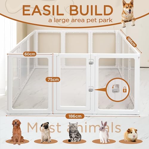 Kerhouze 12 Welpenlaufstall Faltbar mit abschließbarer Tür, 75cm hoch, Welpenauslauf Indoor Transparent, Laufstall Hund für Katzen, Hunde, Kaninchen und kleintiere, rutschfest, weiß (12PCS-75CM)