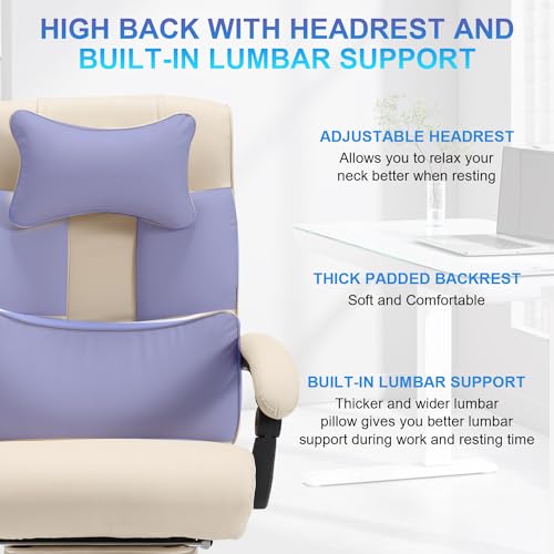 Image of Fully Reclining Office Chair with Foot Rest, Ergonomic Executive Office Desk Chair with Lumbar Support and Headrest, 170 Reclining Recliner High Back Home Leather Computer Chair, Beige