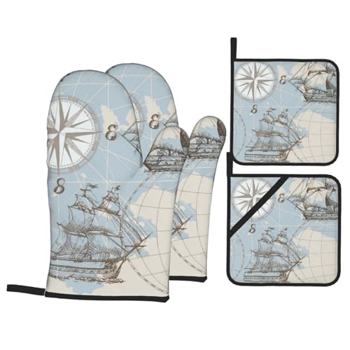 Manoplas Horno Y Almohadillas Aislantes Boceto De Mapa De Velero Náutico, Rueda De Barco Pirata, Brújula Suave Guantes De Horno Y Agarraderas Grosor Agarradores para Airfryer Pizza Juego De 4
