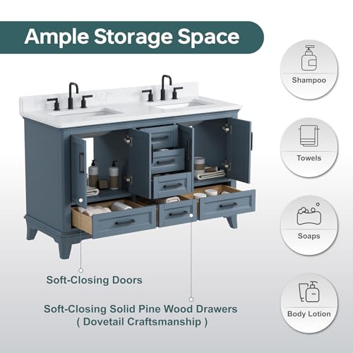DELUXE LIVING 60 Inch Bathroom Vanity Double Sink, Fully Assembled Solid Wood Frame Double Sink Bathroom Vanity with Soft Closing Doors & Full Extension Dovetail Drawers, Quartz Top, Steel Blue