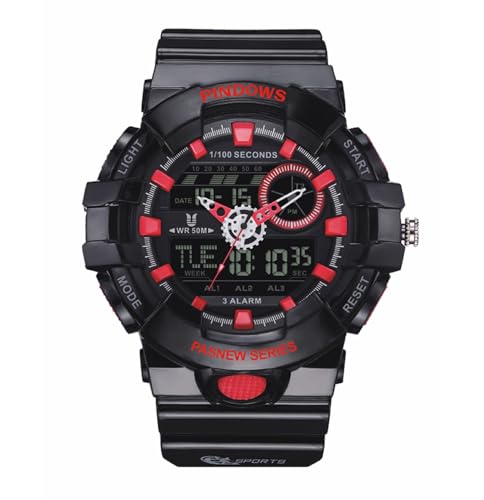 PINDOWS Relojes Deporte Digital Hombre, Pantalla Analógica Impermeable Relojes con Cuenta Atrás,Reloj Parada,Hora Dual Relojes Militares Multifunción,Black Red