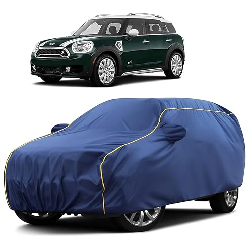 Image of Sulfar 100% Water Resistant Car Body Cover Compatible with Mirror for BMW Countryman (Triple Stitched, Full Bottom Elastic, Blue Taffeta with Yellow Piping)