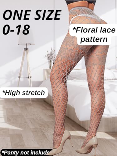 Image of ChiaoLezhee Sexy Wide Fishnet Tights, Floral Lace Garter Stockings For Women, Fishnets Fish Net Fits 0-18