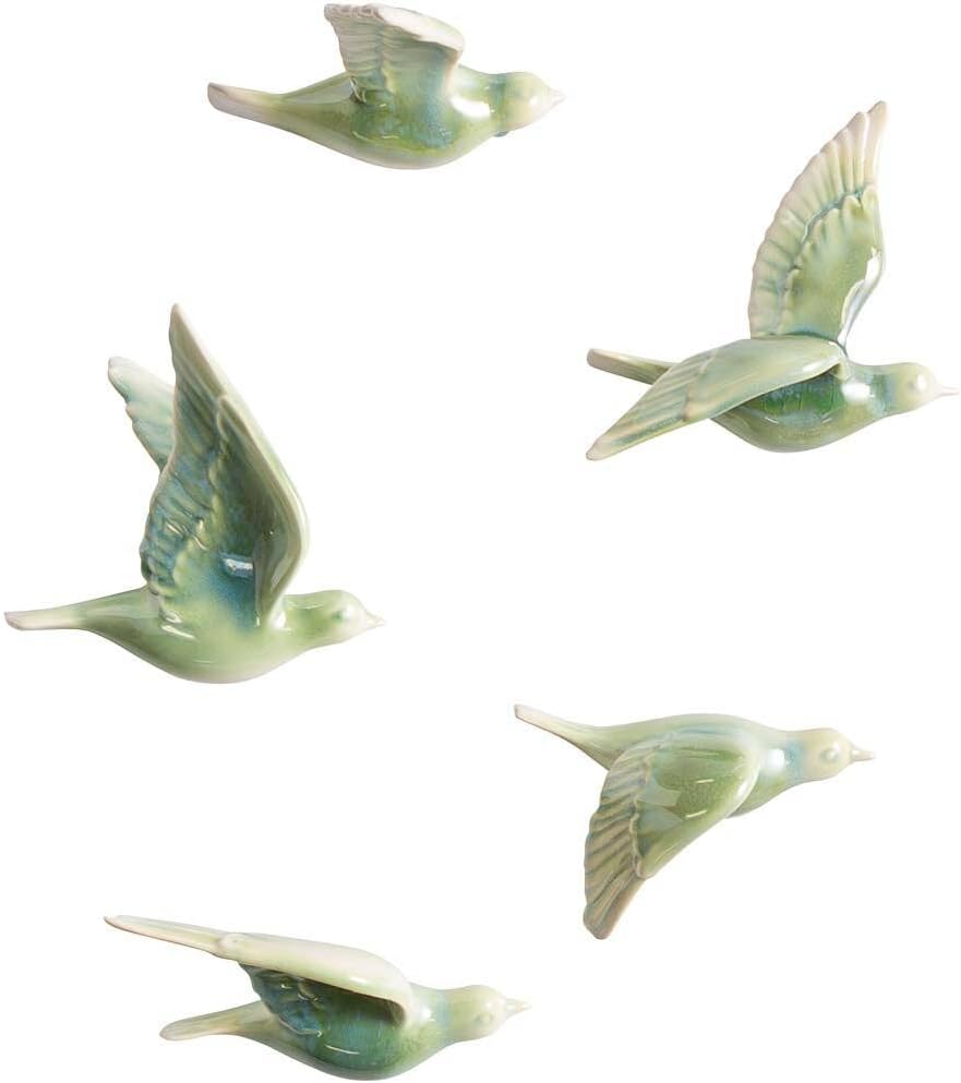 Vivaterra Ceramic Birds Wall Art, Set of 5, Approx. size range from 6"-6.5" L x 3"-6" W x 2.5"-3" H, 3D Wall Decor, Bird Sculptures for the Nursery, Bedroom, Bathroom