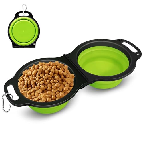 PNEUICALLY Collapsible Silicone Cat and Dog Travel Bowls,2 in 1 Foldable Pet Feeding and Watering Dish for Walking Camping Hiking with Carabiner (Green)