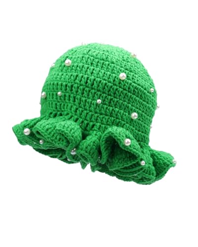 Image of Women Crochet Bucket Hat Cute Winter Ruffled Brim Floppy Cap Handmade Knit Cloche Hats