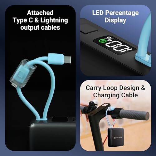 Image of ZEBRONICS EnergiTank 10R1, Compact Power Bank, 10000 mAh, 22.5W Rapid Charging, Built-in Type C & Lightning Cable + Type C Port, LED Percentage Indicator, For iPhone, Android, Tablets, Airpods (Black)