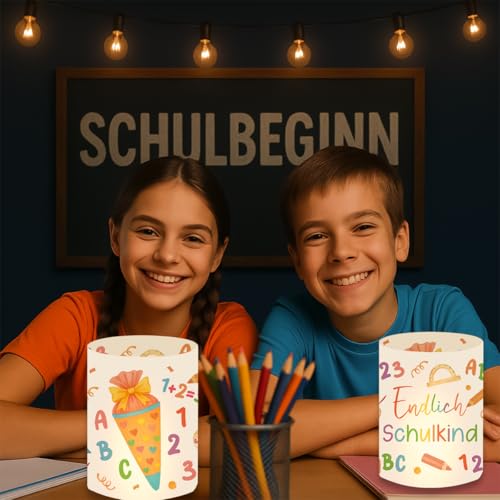 12 Windlicht Einschulung Deko, Endlich Schulkind 2026 Junge Mädchen Deko, Tischdeko Schulanfang mit Bunten Schultüte ABC, Geeignet für Teelichter oder Kerzen