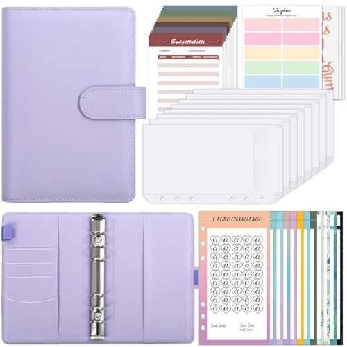 SKYDUE Budget Planner Deutsch, Sparchallenge Budgetplaner, Sparbuch Für Geld Finanzplaner, Haushaltsbuch Mit Geldfächer, Cash Stuffing Challenge Binder, Sparbuch Umschlagmethode(Lila)
