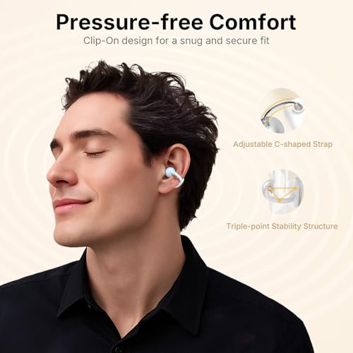 Image of EarFun Clip Open Ear Earbuds, Wireless Clip On Headphones, Adaptive Comfort with Secure Fit, Bluetooth 6.0, LDAC, Hi-Res Audio, 2 Mics AI ENC Call, 40H Playtime, Earbuds for Sports, Running, White