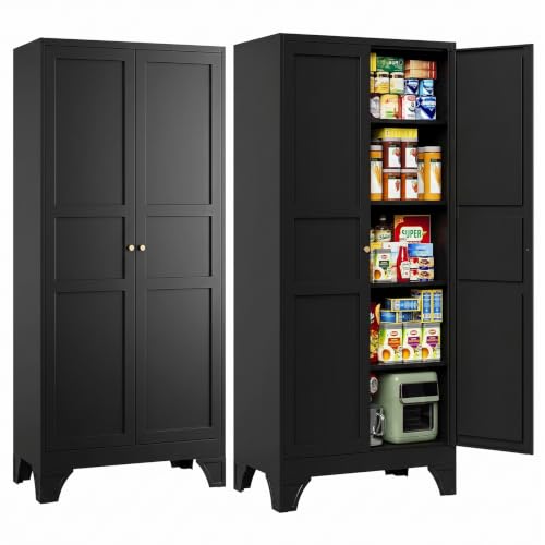 Letaya 76" H Metal Garage Storage Cabinets,Black Tall Kitchen Pantry Locker