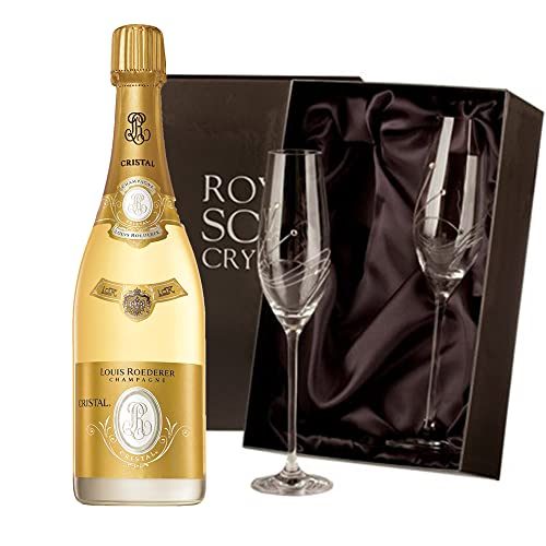 Image of DrinxCom Louis Roederer Cristal Brut Vintage Champagne 75cl with 2 Royal Scot Diamante Flutes