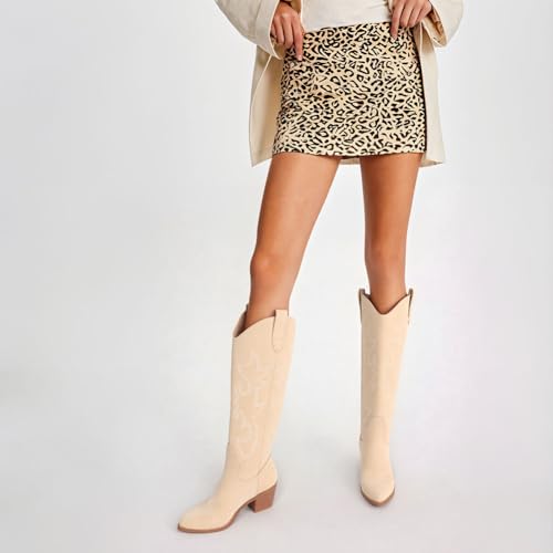 Image of Erocalli White Cowgirl Boot Cowboy Boots for Women Embroidered Pull-On Chunky Stacked Heel Knee High Western Boots