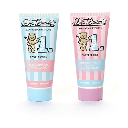 Dr. Bauer's Pasta de dientes, pasta de dientes para bebés, pasta de dientes infantil First Love Sweet Berries Set 1 x con flúor y 1 x sin flúor (2 x 50 ml)