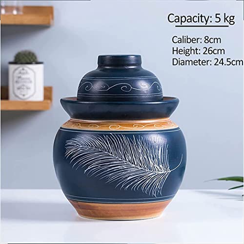 QPZK Blue Traditional Chinese Porcelain Pickle Jar, Ceramic Fermentation Crock Pickling Pot,Fermenting Jar With Water Seal Airlock Lid Stoneware Fermenter for Kimchi Saue 5KG