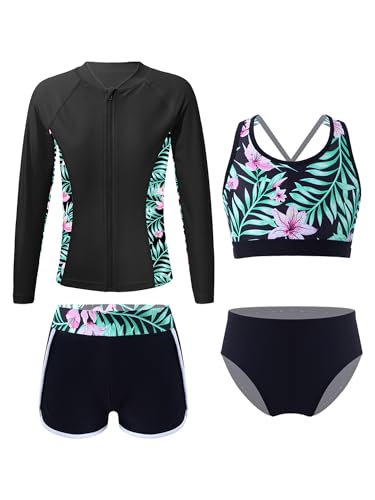 Kids Girls Bikini Bathing Suit Long Sleeve Rash Guard Swimsuit Sun Protection UPF 50+ Tankini Set