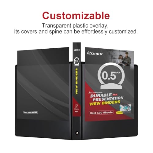 Image of COMIX Sturdy 3 Ring Binder 0.5 Inch with Clear View Cover | PVC-Free Heavy Duty Binders,2.4mm Board,Holds 100 Letter Sheets,Wholesale for Offices,Schools & Classrooms,36 Pack (Black)