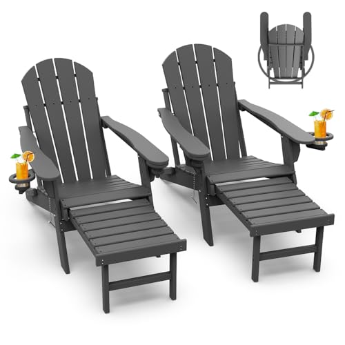 GREENVINES Adirondack-Chairs-with-Ottoman | Set of 2 | Folding | Retractable-Footrest | HDPE Plastic | All Weather Fire Pit Chair | Cup Holders | Grey