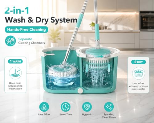 Image of 2-in-1 Bucket Spin Mop with 4 Wheels & Puller Handle | 360 Flexible Hands-Free Floor Cleaning System | Twin Wringer & Wash Bucket | 2 Microfiber Refills | Big Size Pocha Set | Aqua Blue