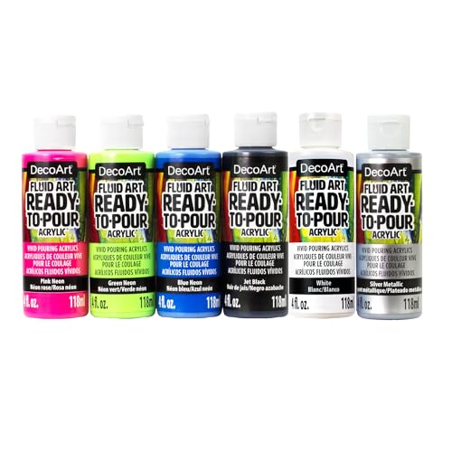 DecoArt Fluid Art Ready-to-Pour Paint Set – Neon Blast Colors, Set of 6 (4 fl oz Bottles) – Neon Acrylic Pouring Paints for Canvas, Wood & Fluid Art DIY Projects