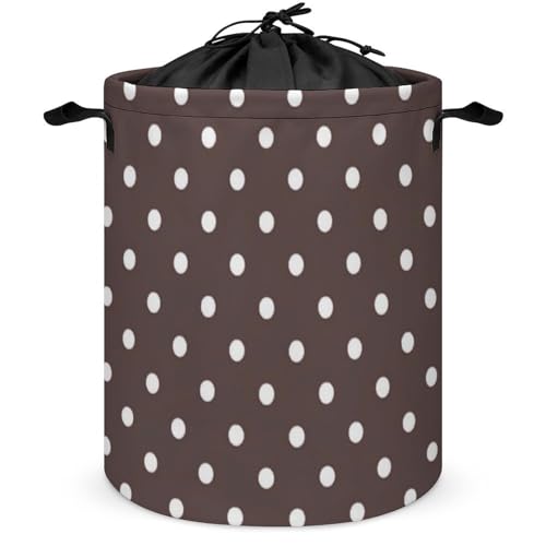 Cesta grande para ropa sucia, plegable, con lunares en marrón chocolate y cordón ajustable, ideal para guardar ropa sucia en dormitorios universitarios.
