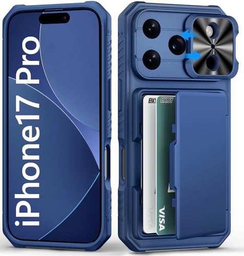 BXYJY for iPhone 17 Pro Case Wallet with Card Holder (4-5 Cards) Slide Camera Cover Military Grade Drop Shockproof Heavy Duty Rugged Women Men Phone Case for iPhone 17 Pro 6.3 2025 Blue