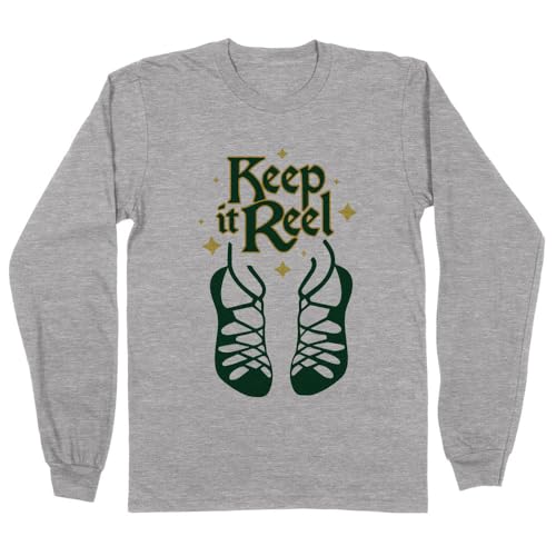 TeesAndTankYou Keep it Reel Irish Dance Shoes Long Sleeve Shirt Unisex Large Grey