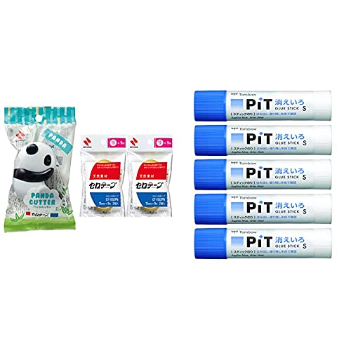 【セット買い】ニチバン セロテープ パンダ テープカッター 替え小巻 4巻付き ホワイト&ブラック CT15PAWB-S2PN2P & トンボ鉛筆 スティックのり 消えいろピット S 5個 HCA-513