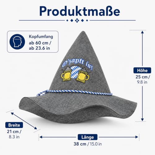 LJalin Chapeau traditionnel en feutre avec cordon bleu et blanc, décoration bavaroise pour fête de la bière, fête populaire, prairie, hüttengaudi, tenue traditionnelle pour homme, gris – vue 2