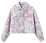 Ladies Floral Denim Jacket Short Denim Jacket Rose Print,M