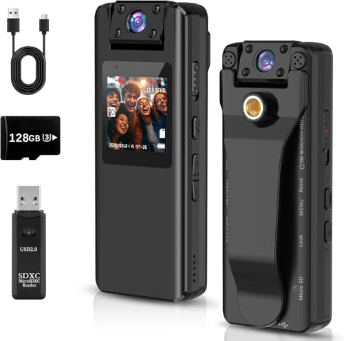 Body Camera with Audio and Video Recording: 128GB Mini Worn Body Cam with 180° Rotating Lens, 1080P Wearable Bodycam with 9HR Battery Night Vision for Police Law Enforcement,Hiking,Travel,Cycling