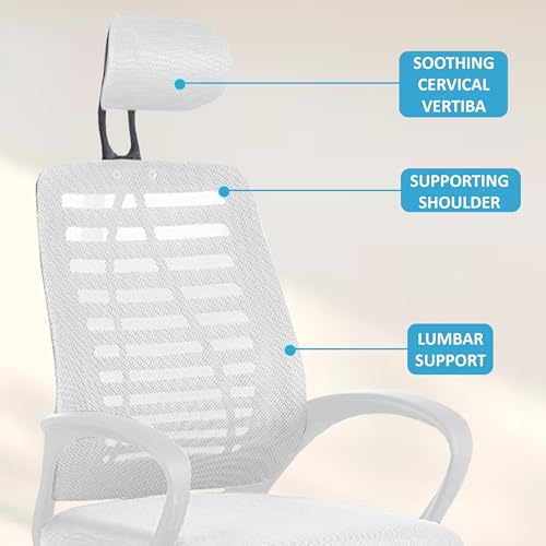 Image of Mesh Office Desk Chair,Rocking Ergonomic Computer Chair Adjustable High with Headrest and Comfortable Armrest Swivel - White & White Handle