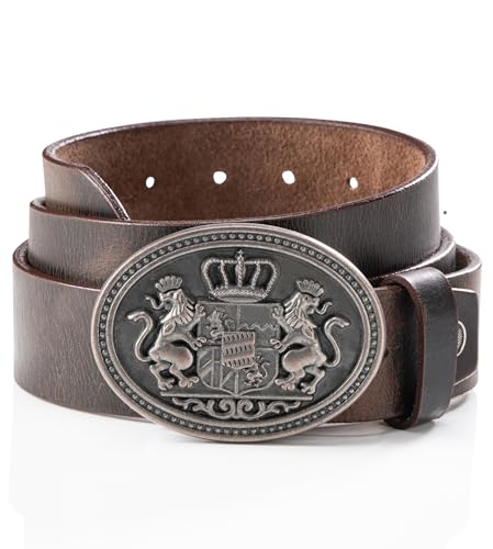 Schöneberger Trachten Couture men traditional leather belt, lederhosen belt with Bavarian buckle, belt for Oktoberfest Lukas (brown, 42-44 inch)